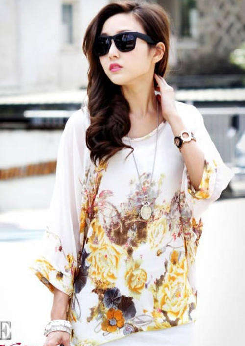 Gorgeous Dolman Sleeves Floral Pattern Chiffon Top